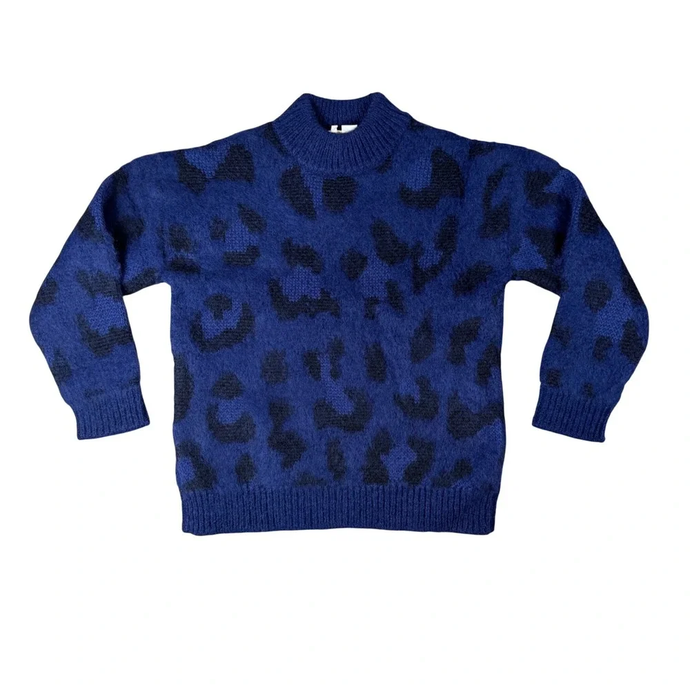 Kate Spade New York Blue Leopard Alpaca Wool Mock Neck Sweater Womens XS